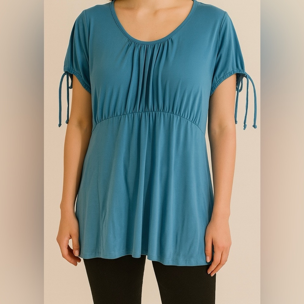 Teal Empire Waist Blouse Ruched Tie Sleeve Flowy Stretch Top Babydoll Large - Picture 4 of 8
